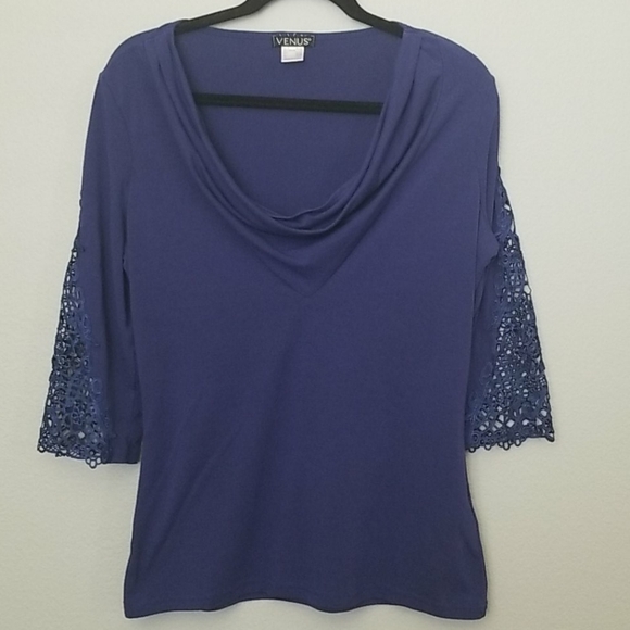 Venus Romantic Boho Blue Drape Neck Lace Sleeve Top Medium - Picture 1 of 6